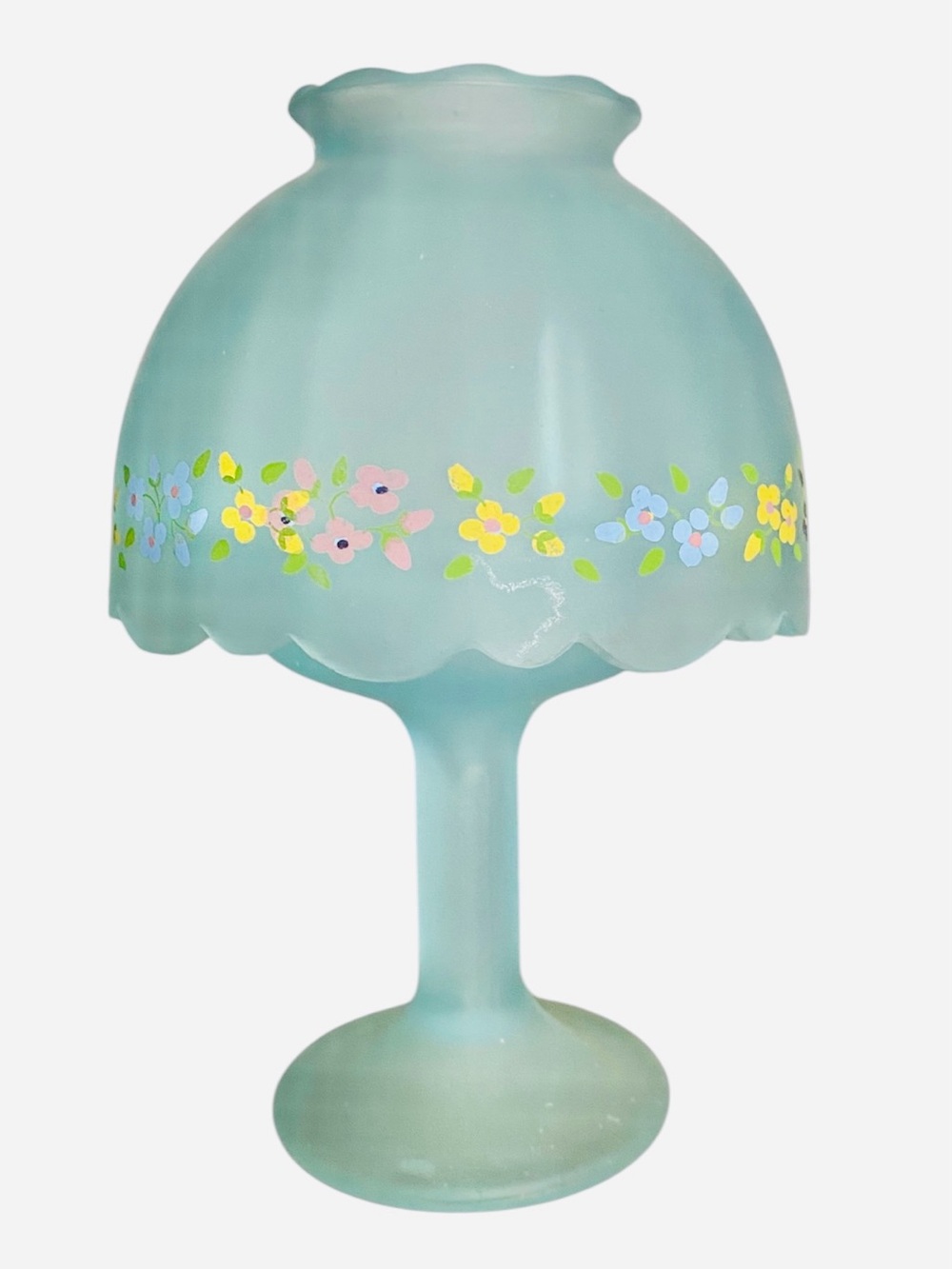 Frosted Blue Glass Tea Light /Fairy Lamp, Hand-Painted Floral, 5.5” Vintage